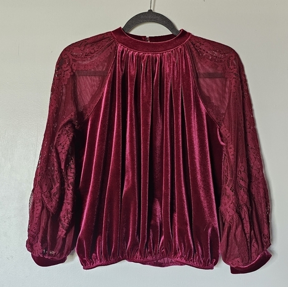 Free People Dream Team respberry color lace sleeves velvet blouse Size XS - Picture 2 of 12